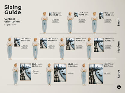 Sizing guide for a vertical blue gray cityscape sketch art print. Visualize various sizes of the river clock tower artwork. Options available for canvas and poster prints. Perfect for different wall spaces.