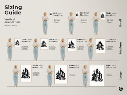 Find the perfect size with our sizing guide for this abstract chess canvas art. Whether canvas or poster this monochrome strategy game wall decor fits any room. A great gift for chess players or a unique intellectual gift.