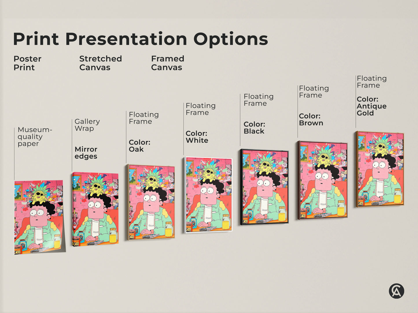 Print presentation options for cartoon artwork. Choose a poster print stretched canvas or framed canvas. Frame colors include black brown antique gold and white. Find the perfect style for your space.