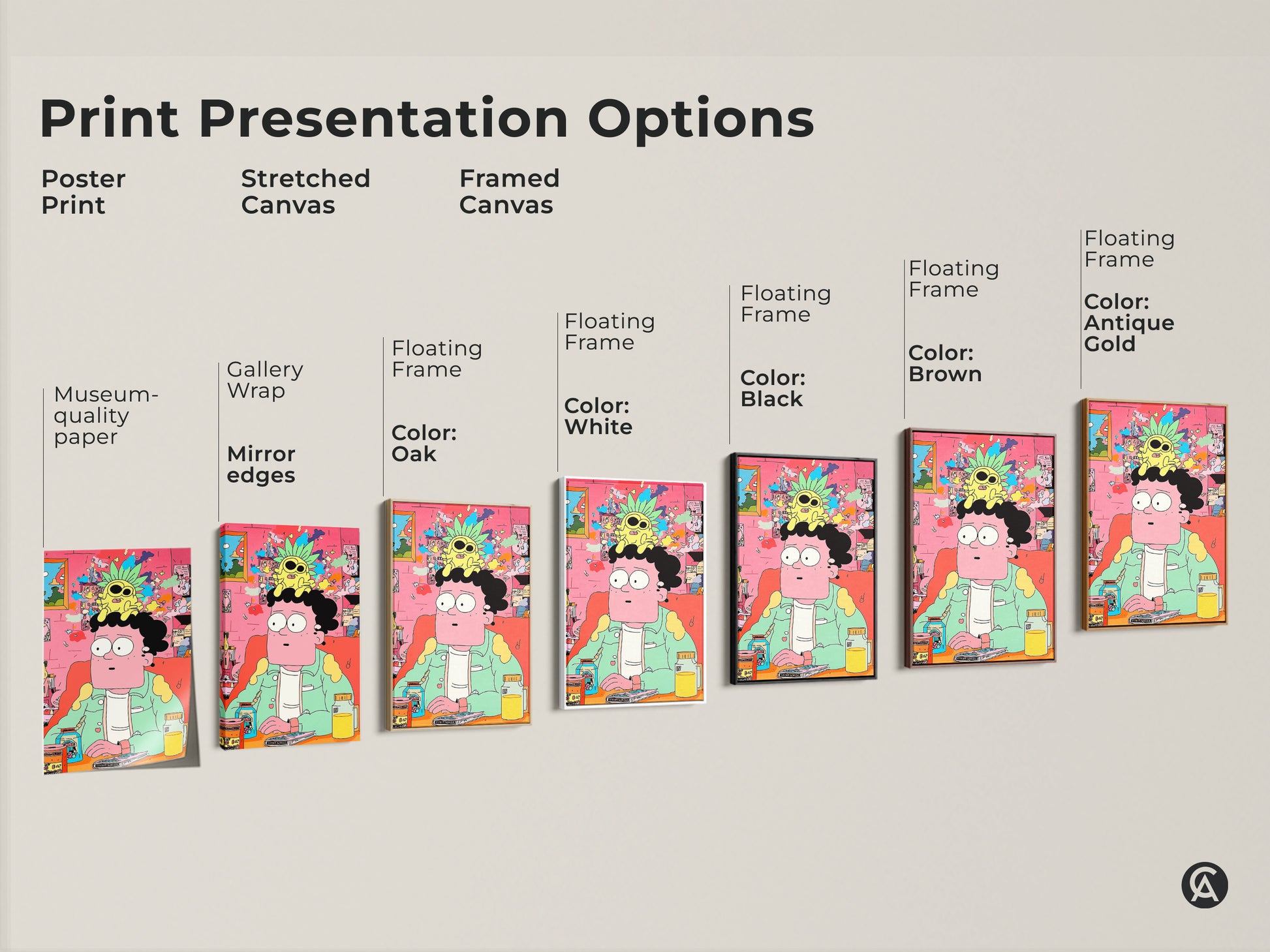 Print presentation options for cartoon artwork. Choose a poster print stretched canvas or framed canvas. Frame colors include black brown antique gold and white. Find the perfect style for your space.