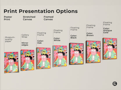 Print presentation options for cartoon artwork. Choose a poster print stretched canvas or framed canvas. Frame colors include black brown antique gold and white. Find the perfect style for your space.