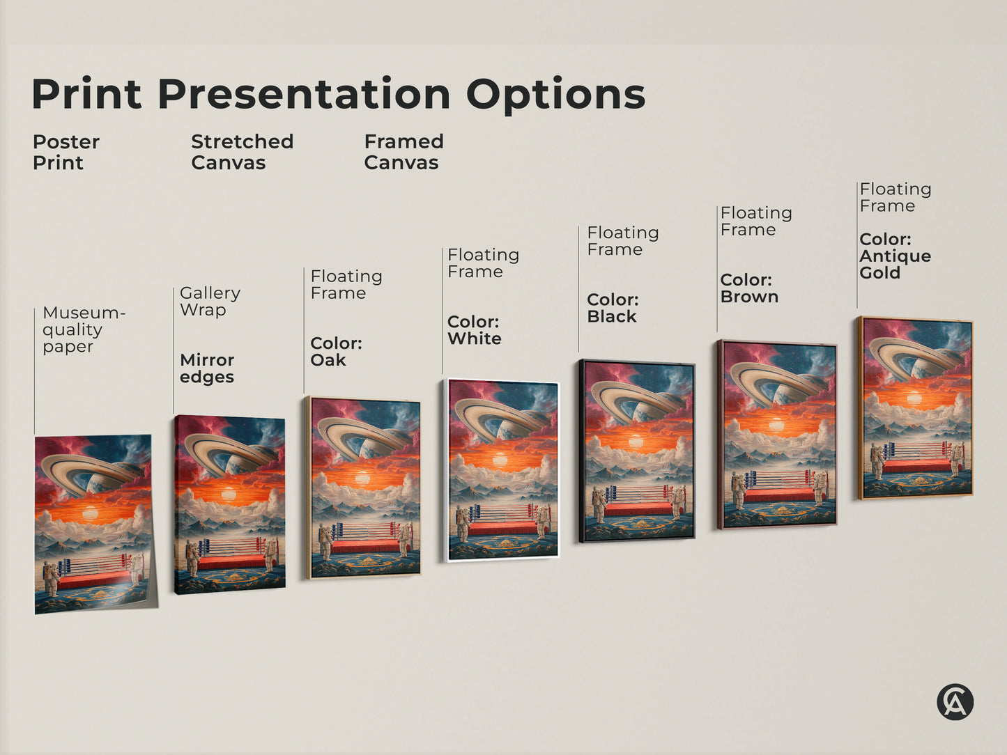 Print presentation options include poster prints stretched canvas and framed canvas. Museum quality paper gallery wrap and floating frames are displayed with an astronaut and boxing ring.