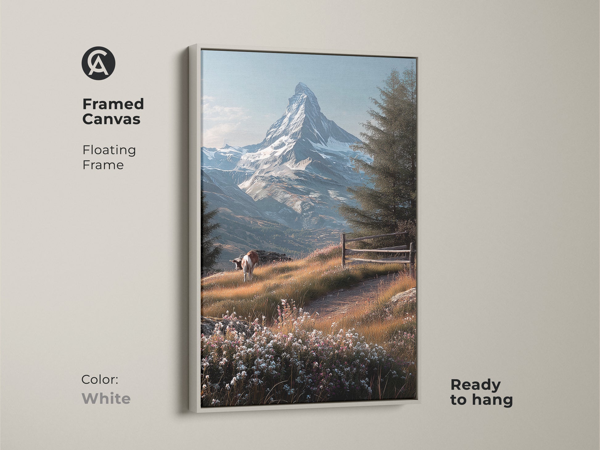 White framed canvas featuring Matterhorn mountain artwork. This floating frame canvas is ready to hang. The scene shows a cow grazing in a wildflower meadow. Distant views of the iconic Swiss Alps peak are captured.
