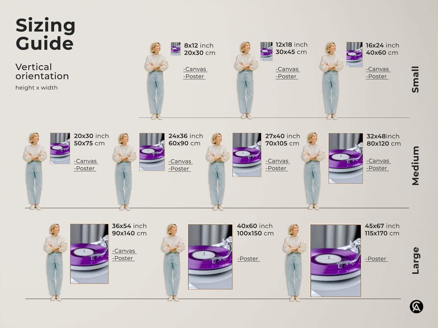 Sizing guide for the purple vinyl record art. See the artwork in vertical orientations. Available as canvas or poster. Sizes range from small to large. Find the perfect fit for your space. Make it a birthday gift for a music lover.