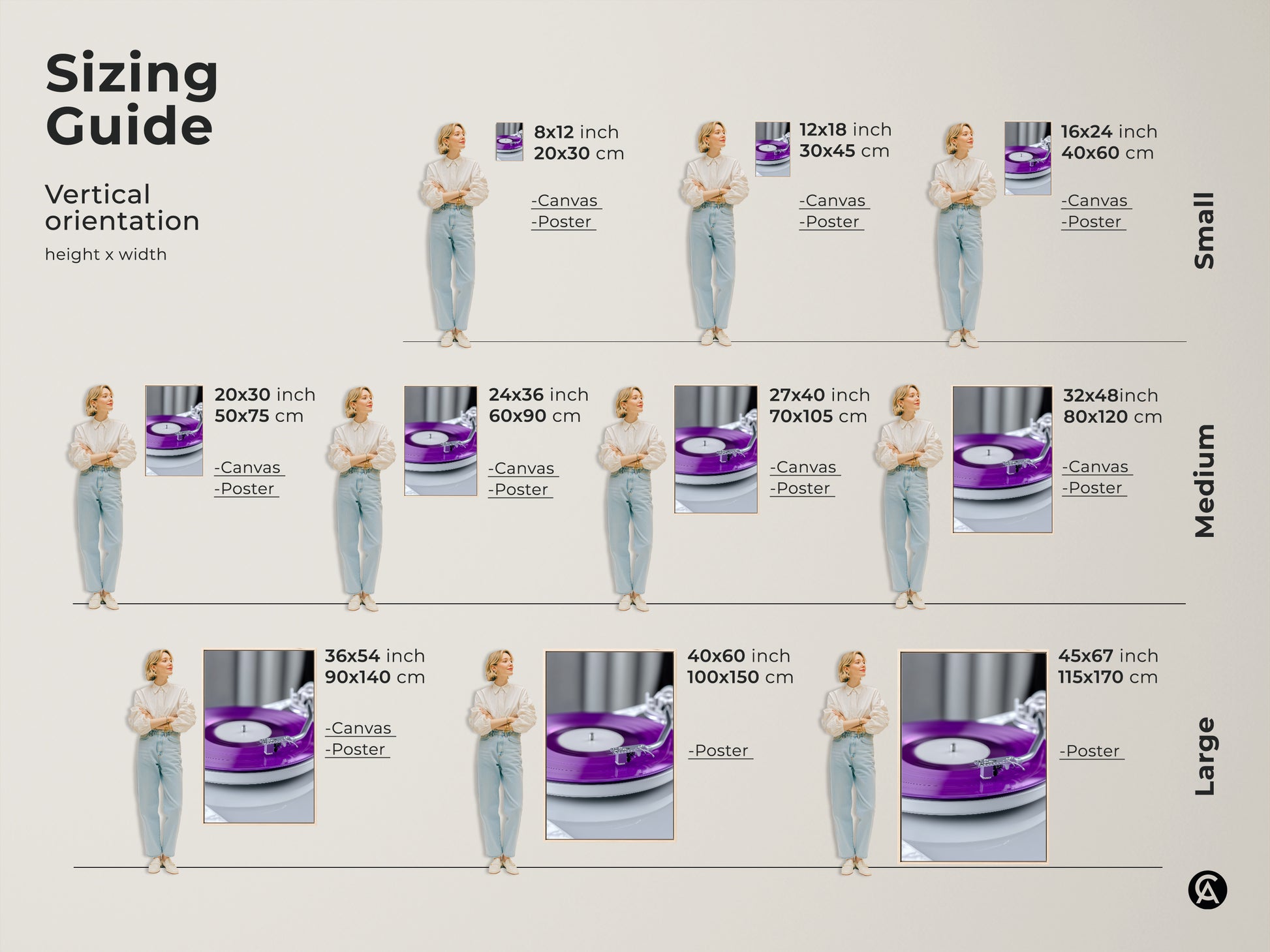 Sizing guide for the purple vinyl record art. See the artwork in vertical orientations. Available as canvas or poster. Sizes range from small to large. Find the perfect fit for your space. Make it a birthday gift for a music lover.