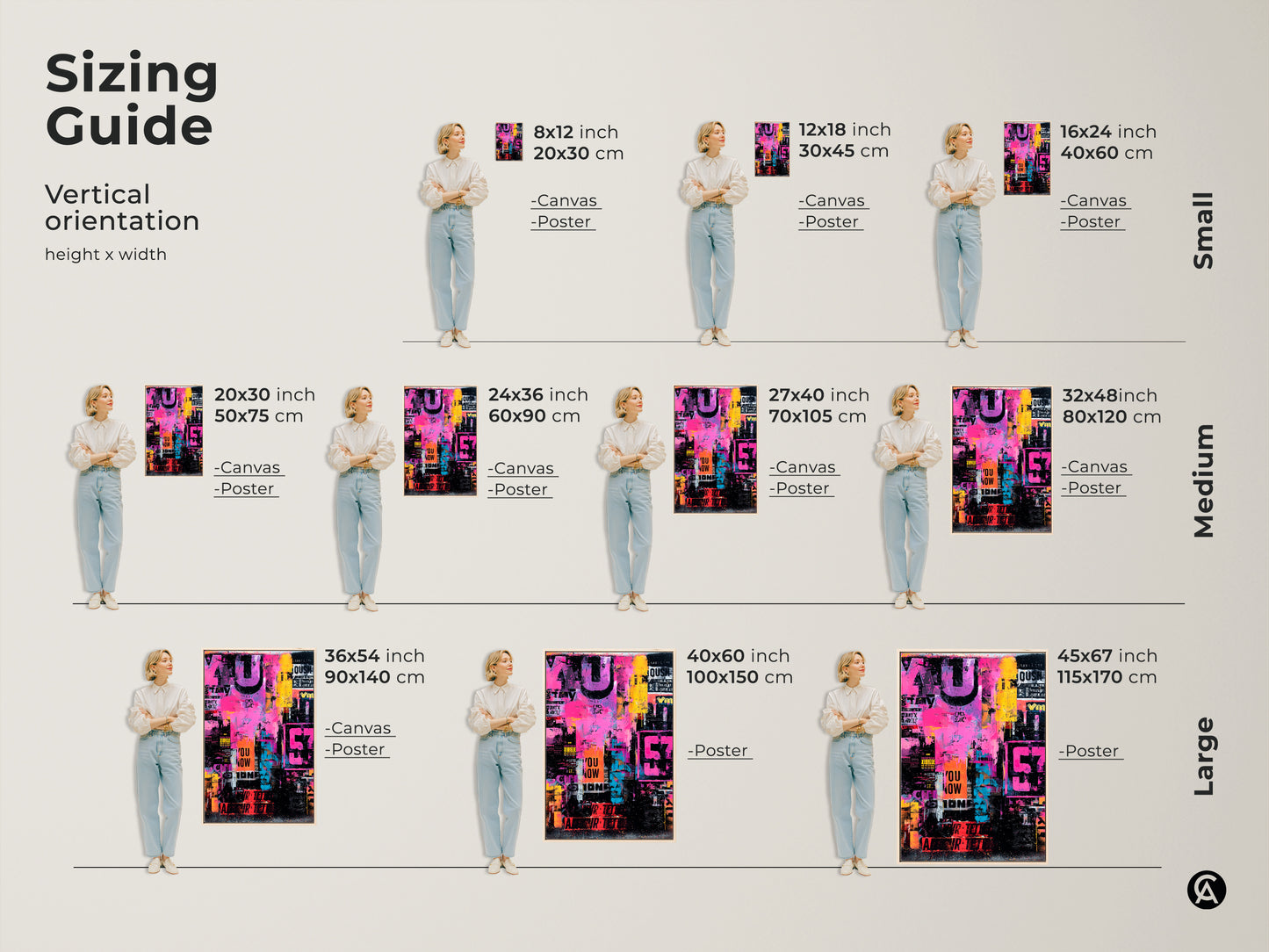 Sizing guide for vertical collage artwork. Available in small medium and large sizes. Choose from canvas or poster prints. Find the perfect size for your space. See dimensions in inches and centimeters.