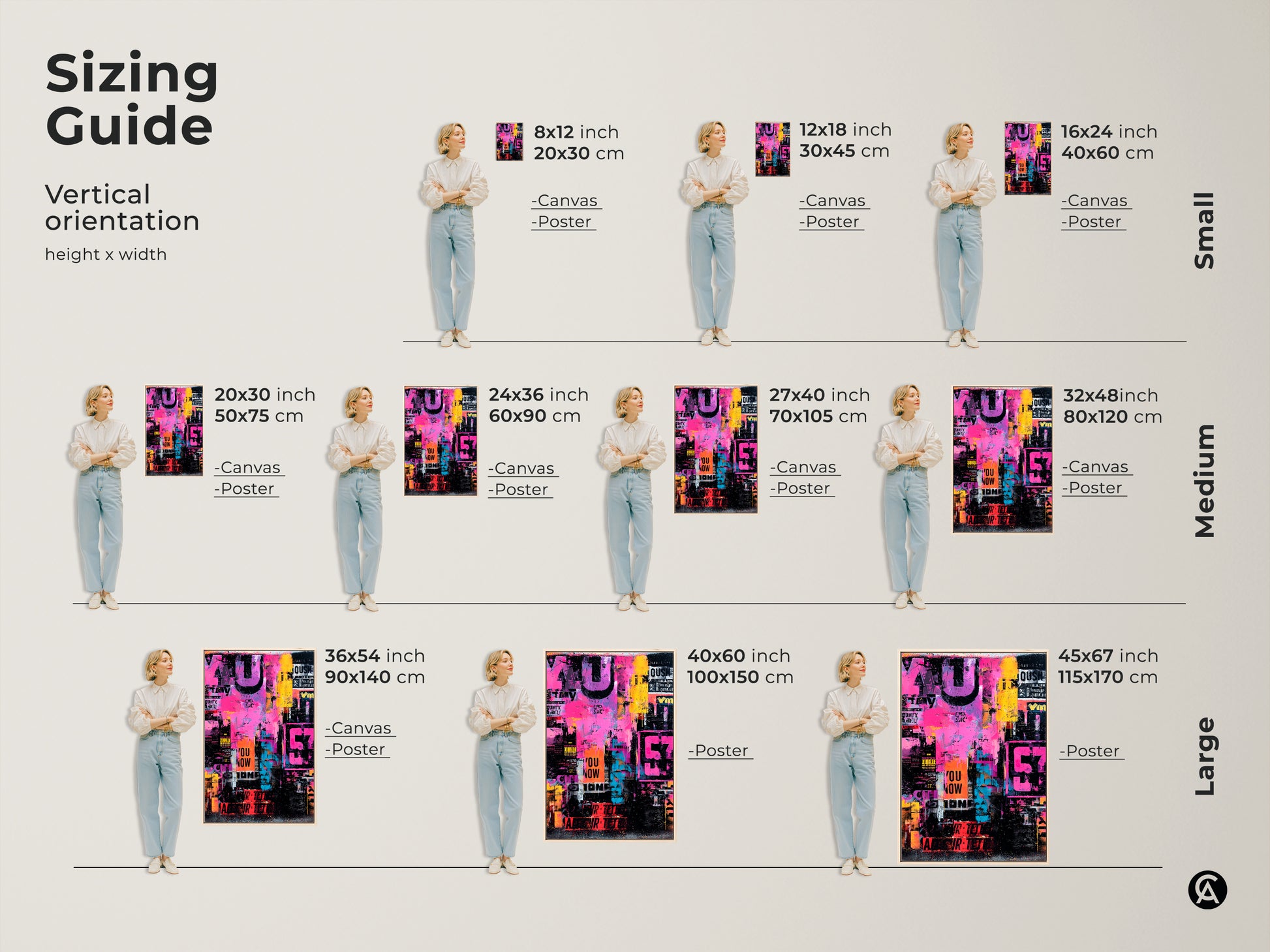 Sizing guide for vertical collage artwork. Available in small medium and large sizes. Choose from canvas or poster prints. Find the perfect size for your space. See dimensions in inches and centimeters.