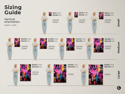 Sizing guide for vertical collage artwork. Available in small medium and large sizes. Choose from canvas or poster prints. Find the perfect size for your space. See dimensions in inches and centimeters.