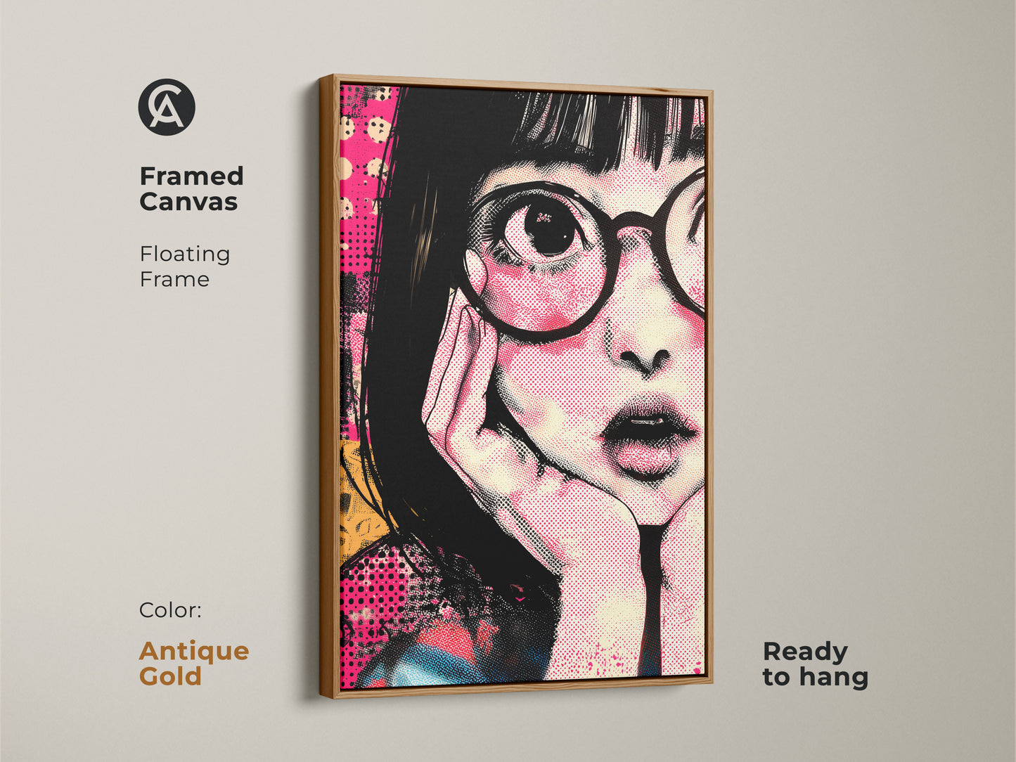 Antique gold framed canvas featuring anime girl portrait art. This retro pop art canvas adds a unique touch to any room. The hot pink and yellow artwork is great for anime fans. It's a unique birthday gift idea. The graphic art print is ready to hang and enjoy in your home.