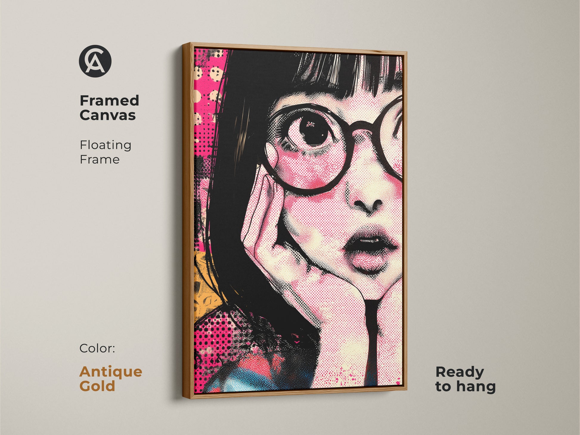 Antique gold framed canvas featuring anime girl portrait art. This retro pop art canvas adds a unique touch to any room. The hot pink and yellow artwork is great for anime fans. It's a unique birthday gift idea. The graphic art print is ready to hang and enjoy in your home.