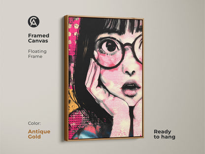 Antique gold framed canvas featuring anime girl portrait art. This retro pop art canvas adds a unique touch to any room. The hot pink and yellow artwork is great for anime fans. It's a unique birthday gift idea. The graphic art print is ready to hang and enjoy in your home.