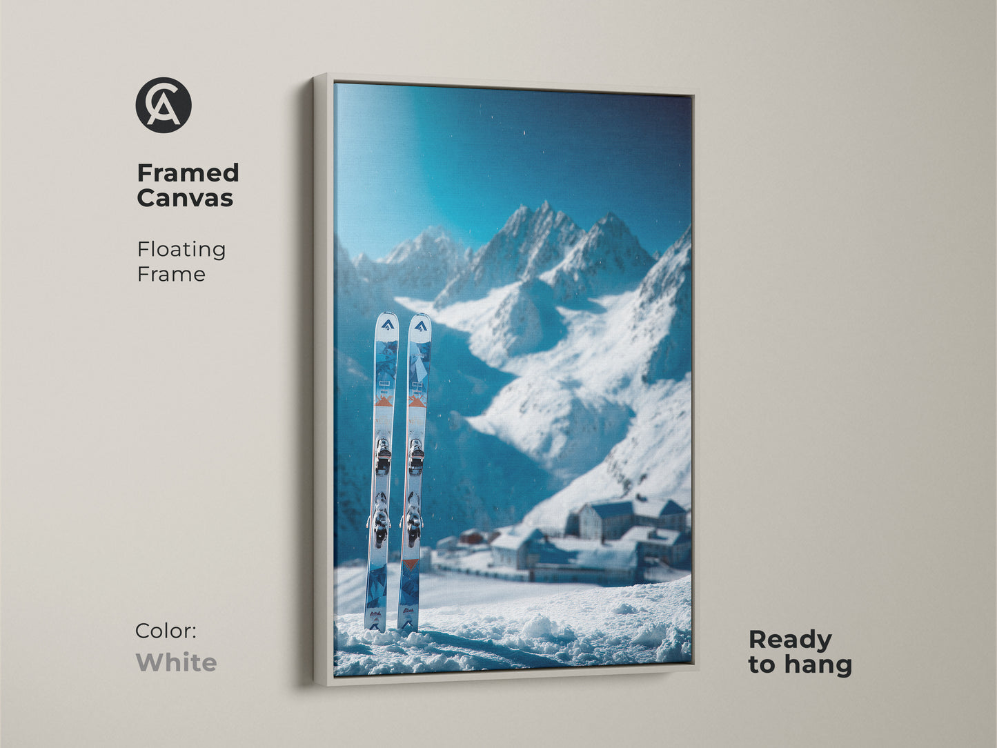 Framed canvas art of a ski scene. A winter mountain scene is the backdrop. The skis are in the snow. The frame is white and floating. Buy this framed ski canvas art today.