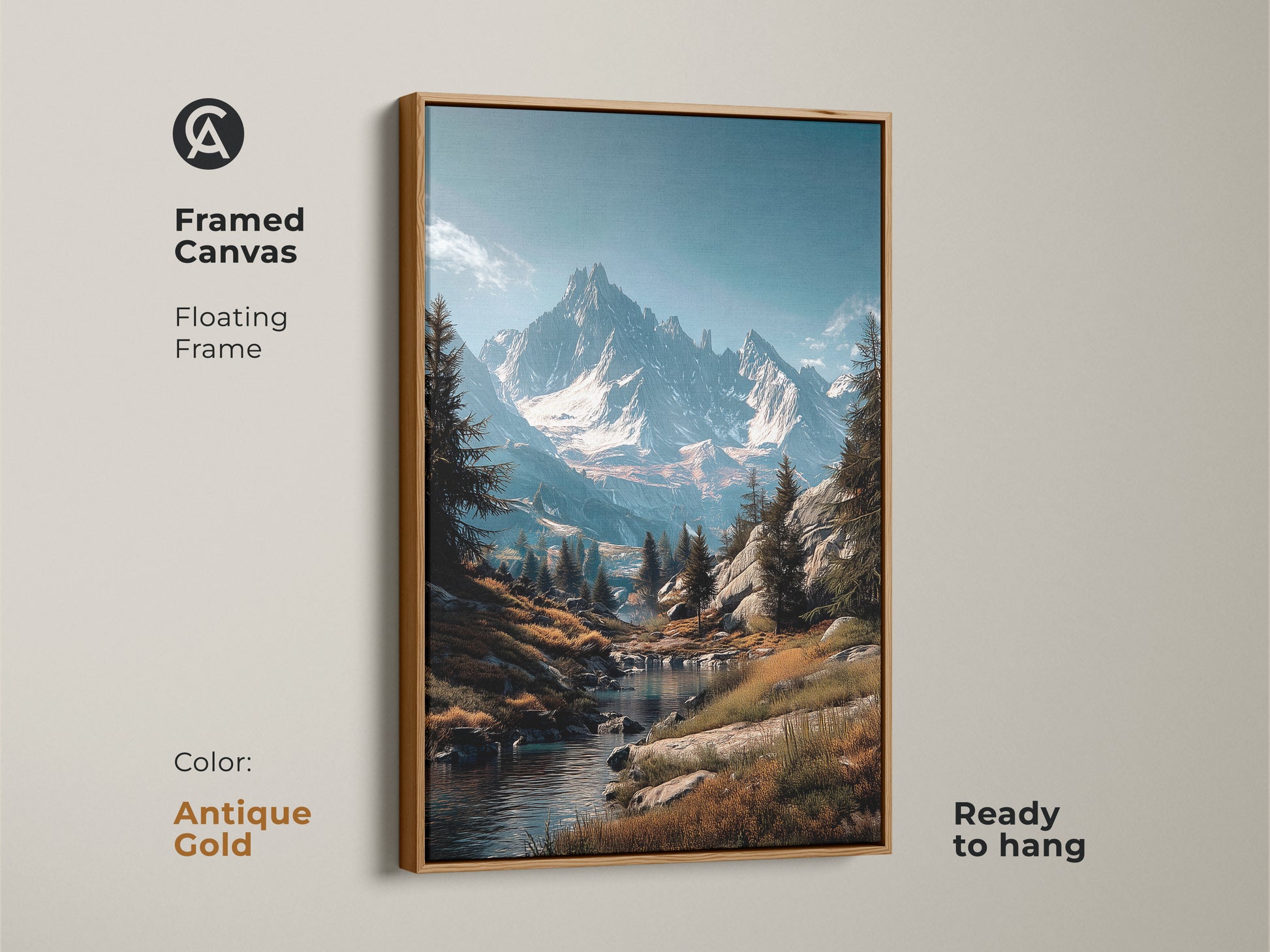 Framed canvas art showcasing a serene mountain landscape. The antique gold floating frame adds elegance to the artwork. This ready-to-hang piece enhances your home decor. The flowing river and mountain create a peaceful vibe. Buy this art today