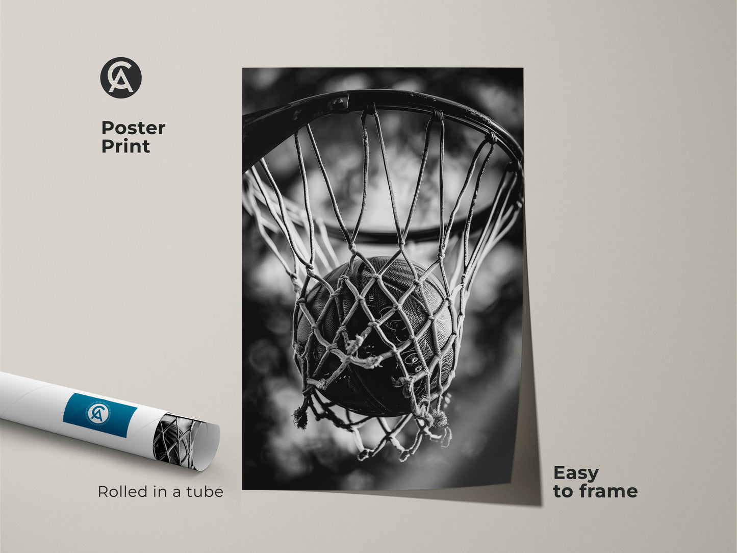 Basketball poster print rolled in a tube. This sports-themed wall art is easy to frame. The black and white print shows a basketball swishing through a net. Get this unique piece for your sports room or living space.