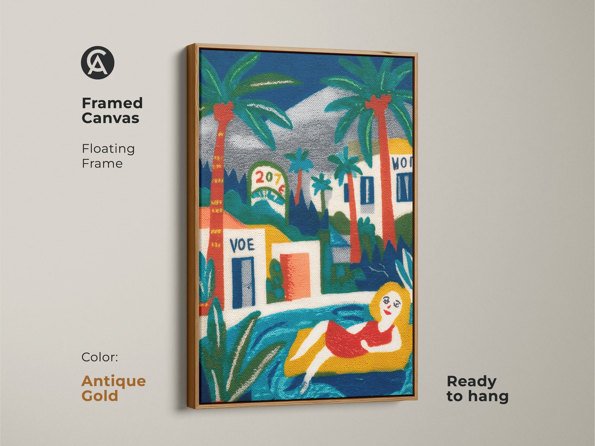 Framed canvas art print with an antique gold floating frame displaying a woman relaxing in a pool. Palm trees and buildings create a scenic backdrop. This artwork is ready to hang. It adds a touch of vintage charm to any room. The vibrant colors and unique subject make it a standout piece of wall art.