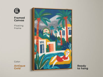 Framed canvas art print with an antique gold floating frame displaying a woman relaxing in a pool. Palm trees and buildings create a scenic backdrop. This artwork is ready to hang. It adds a touch of vintage charm to any room. The vibrant colors and unique subject make it a standout piece of wall art.