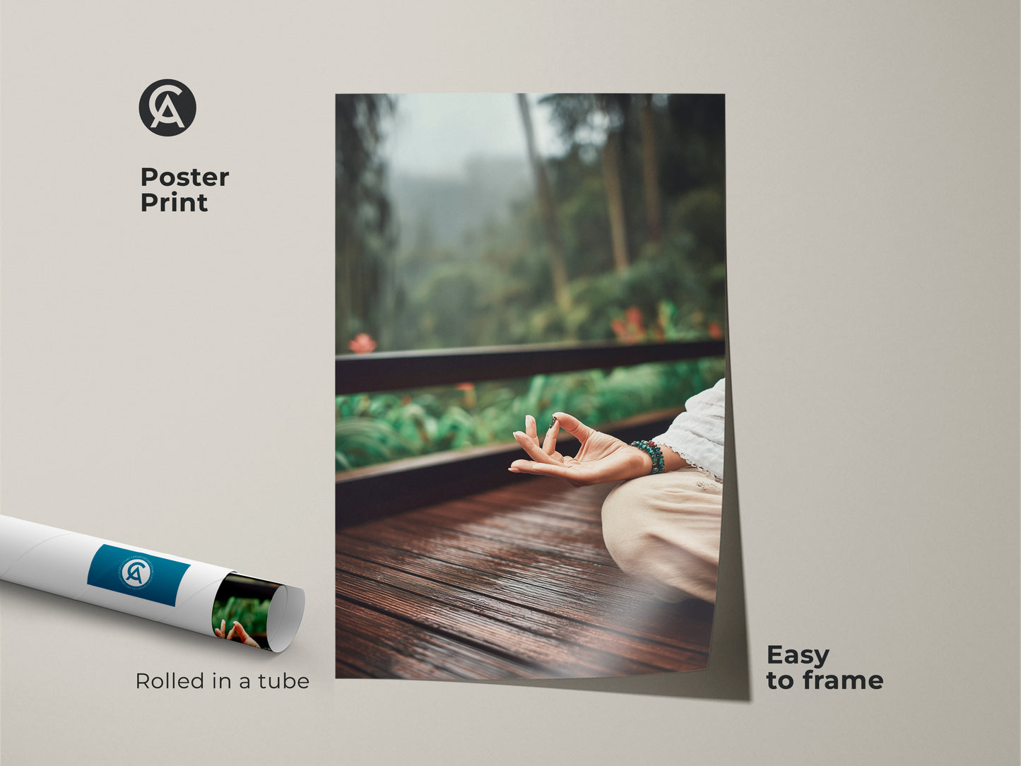 Poster Print of earth tone yoga artwork. It captures a serene meditation pose in a lush natural setting. The print comes rolled in a tube and is easy to frame. A spiritual wall hanging to bring a sense of calm to any space.
