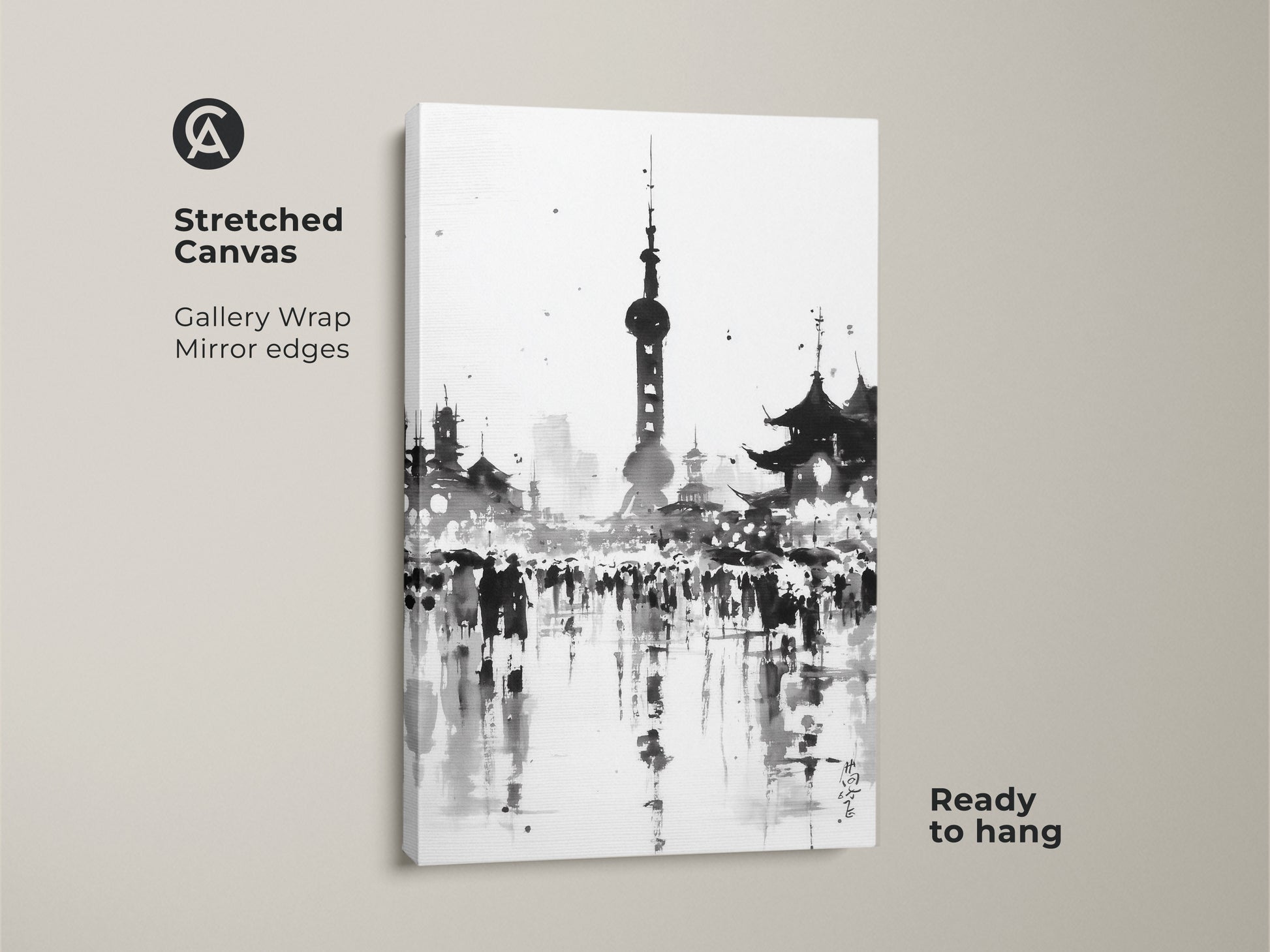 Stretched canvas print showcasing Shanghai's iconic skyline. Black and white artwork featuring the Oriental Pearl Tower. Gallery wrapped with mirrored edges. This canvas is ready to hang and enjoy.