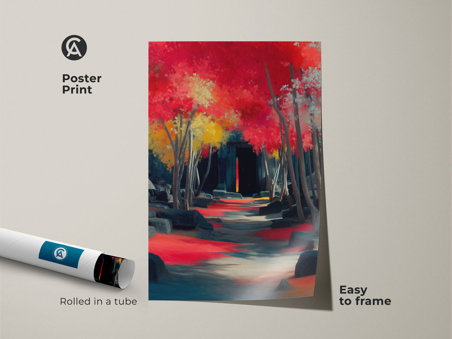 Poster Print featuring a crimson red teal landscape art. This rolled canvas shows an impressionistic pathway and ancient ruins. Easy to frame print is ideal as travel enthusiast wall art decor and adds an eclectic touch.