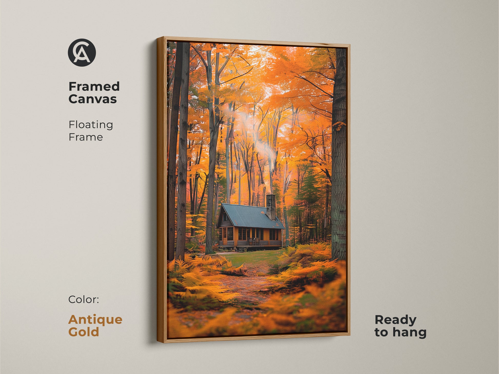 A framed canvas showcasing a cozy cabin in an autumn forest. The floating frame in antique gold adds elegance to the artwork. Ready to hang this piece brings nature indoors. This art is perfect for adding a touch of sophistication to your home decor.