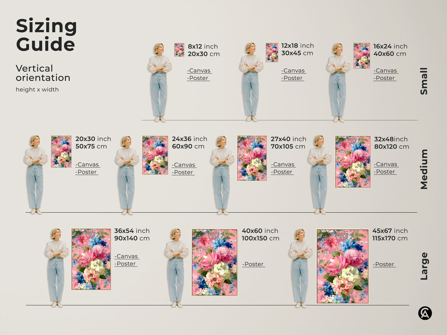 Sizing guide for romantic pink peony and blue daisy botanical canvas and poster prints. Vertical orientation options include small medium and large sizes. Choose the perfect size art for your bedroom or living room. Boho floral artwork for wall decor.