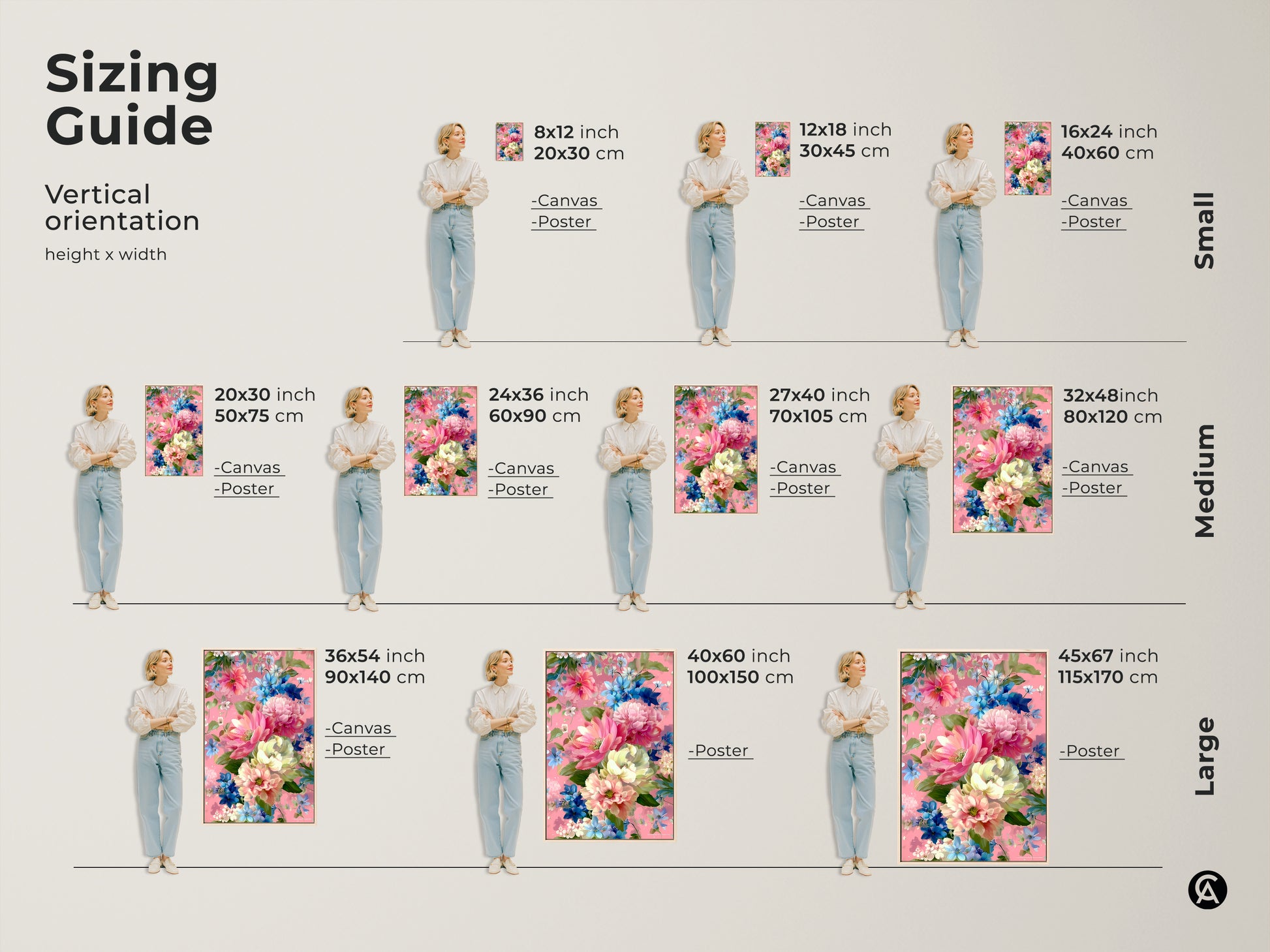 Sizing guide for romantic pink peony and blue daisy botanical canvas and poster prints. Vertical orientation options include small medium and large sizes. Choose the perfect size art for your bedroom or living room. Boho floral artwork for wall decor.