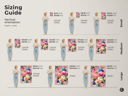 Sizing guide for romantic pink peony and blue daisy botanical canvas and poster prints. Vertical orientation options include small medium and large sizes. Choose the perfect size art for your bedroom or living room. Boho floral artwork for wall decor.