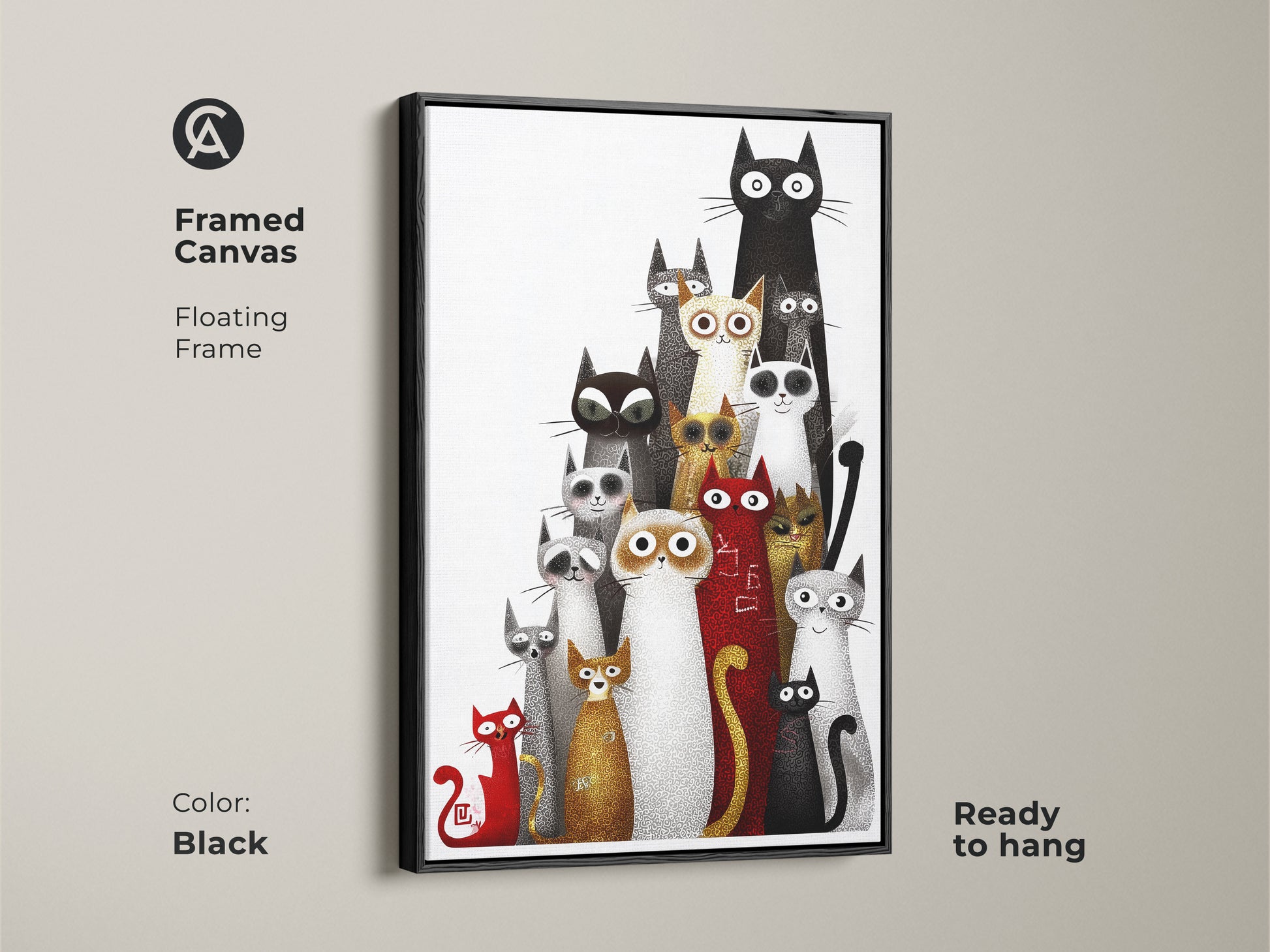 Framed canvas showcasing eclectic cat artwork with a floating black frame. This black white and red animal print is ready to hang perfect for cat lovers. The unique feline home decor is an ideal gift for cat moms and dads adding a touch of whimsy to any room.