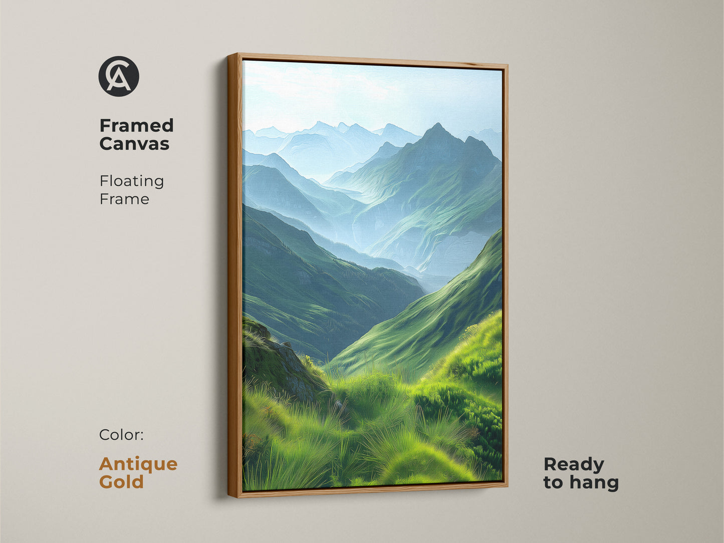 Framed canvas print of an emerald green mountain landscape with an antique gold floating frame. This scenic valley artwork features impressionistic hills. Ready to hang and perfect for nature-inspired bedroom decor. The contemporary piece brings peaceful outdoor scenery to any living space. A great gift for hikers.