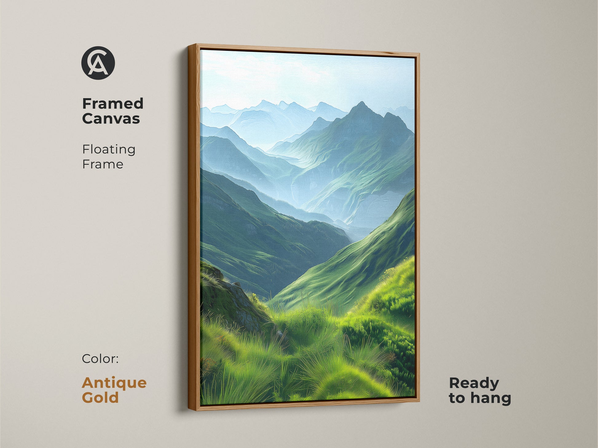 Framed canvas print of an emerald green mountain landscape with an antique gold floating frame. This scenic valley artwork features impressionistic hills. Ready to hang and perfect for nature-inspired bedroom decor. The contemporary piece brings peaceful outdoor scenery to any living space. A great gift for hikers.