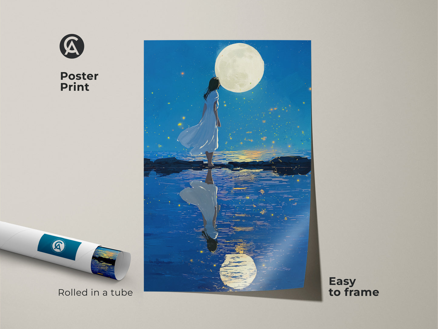Poster print of a woman looking at moon art. This celestial woman canvas print is easy to frame. It comes rolled in a tube. Features deep blue moon wall art.