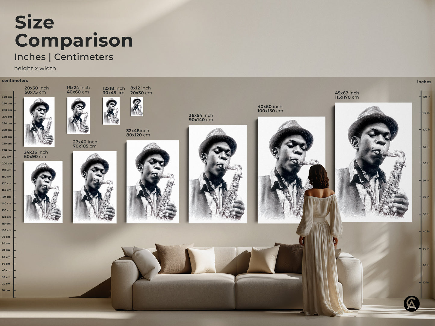 Size comparison of musician art prints in inches and centimeters. Visualize the art in a living room setting. The art is a pencil sketch. Choose the perfect art print size for your home. The man is holding a saxophone.