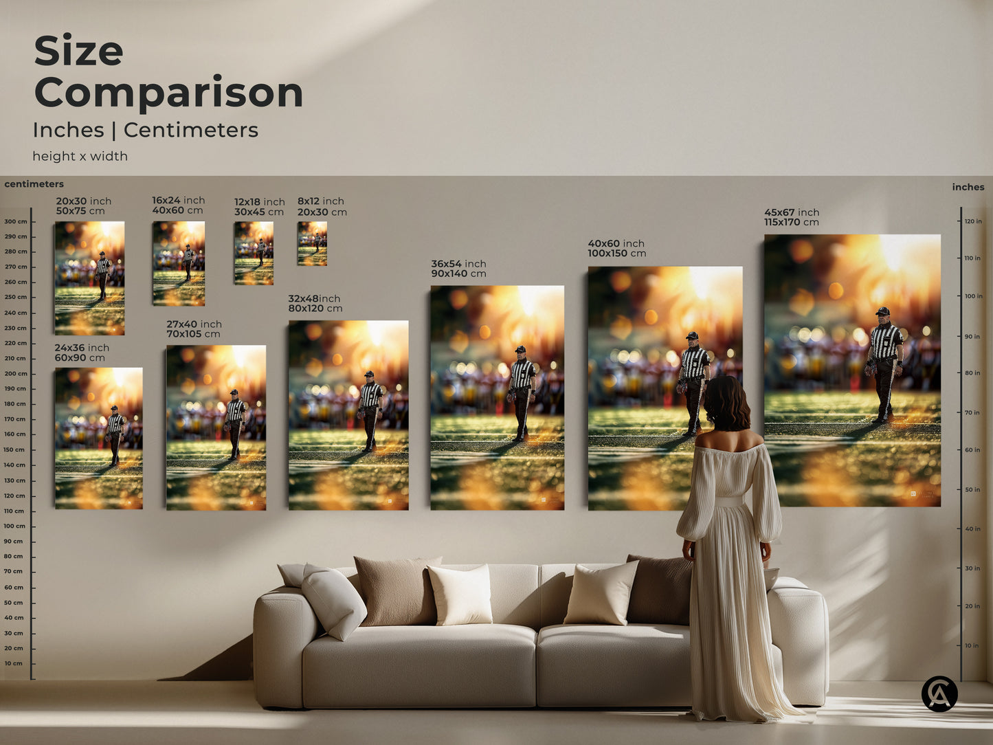 Size comparison of football referee artwork. Inches and centimeters are displayed. The sports action photography is perfect for sports fans. Find the ideal size for your office wall decor or sports themed room.
