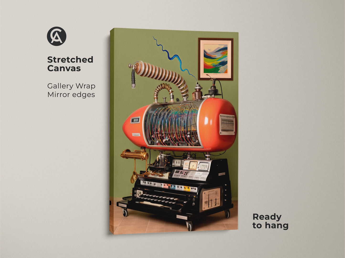 Stretched canvas featuring steampunk invention wall art. Gallery wrap shows mirror edges for retrofuturism machine canvas. Perfect abstract mechanical art for gadget lovers. Ready to hang industrial gears artwork print.
