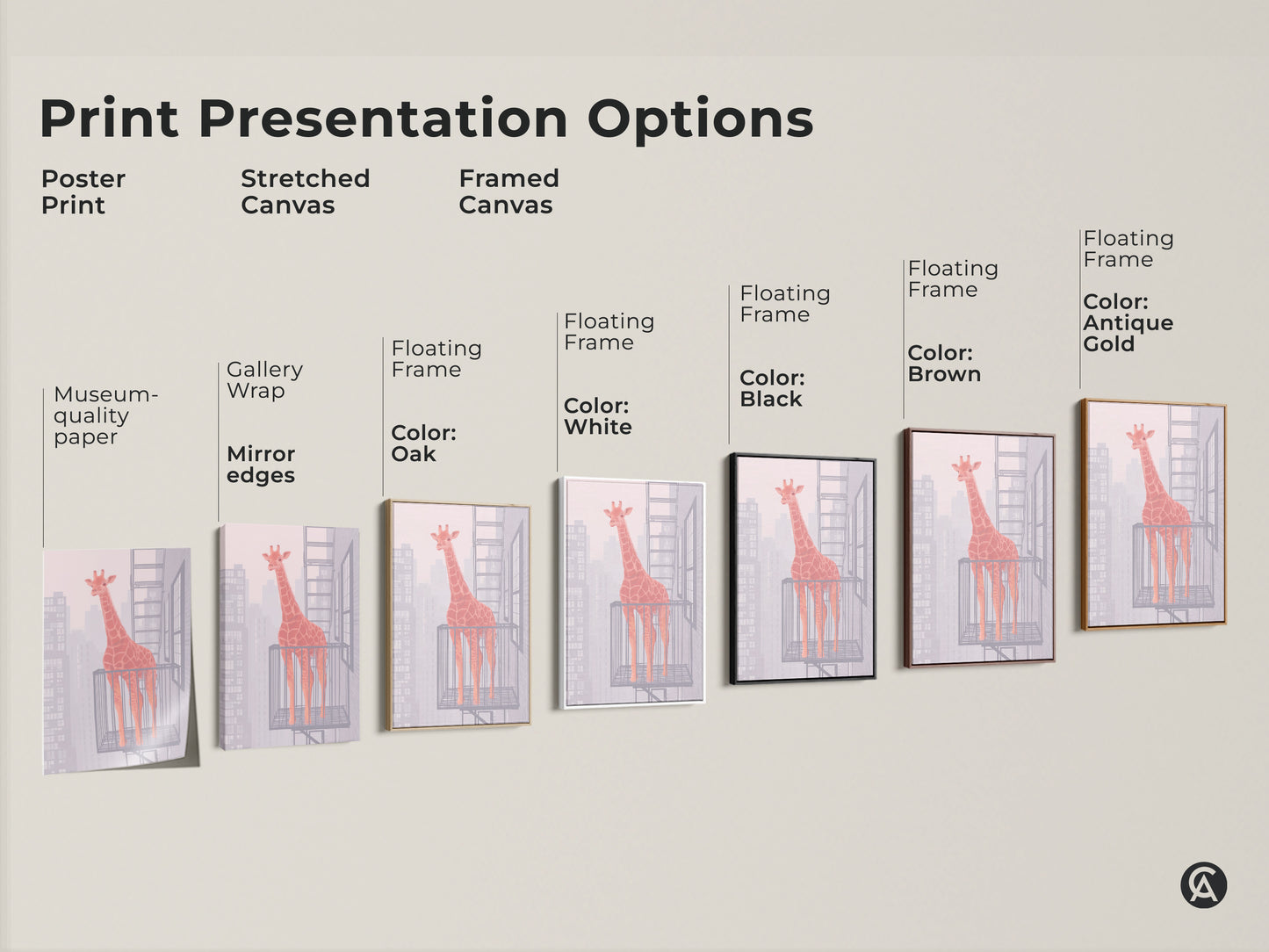 Explore print options for abstract giraffe art on canvas and poster. Choose framed or stretched for a unique housewarming gift. Various floating frame colors provide museum quality decor.
