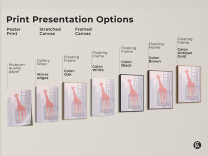 Explore print options for abstract giraffe art on canvas and poster. Choose framed or stretched for a unique housewarming gift. Various floating frame colors provide museum quality decor.