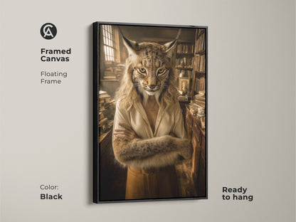 Framed canvas featuring a lynx portrait in a 'dark academia' style. The floating frame enhances this literary artwork. A unique wall hanging for home office decor. Ready to hang with a black frame.