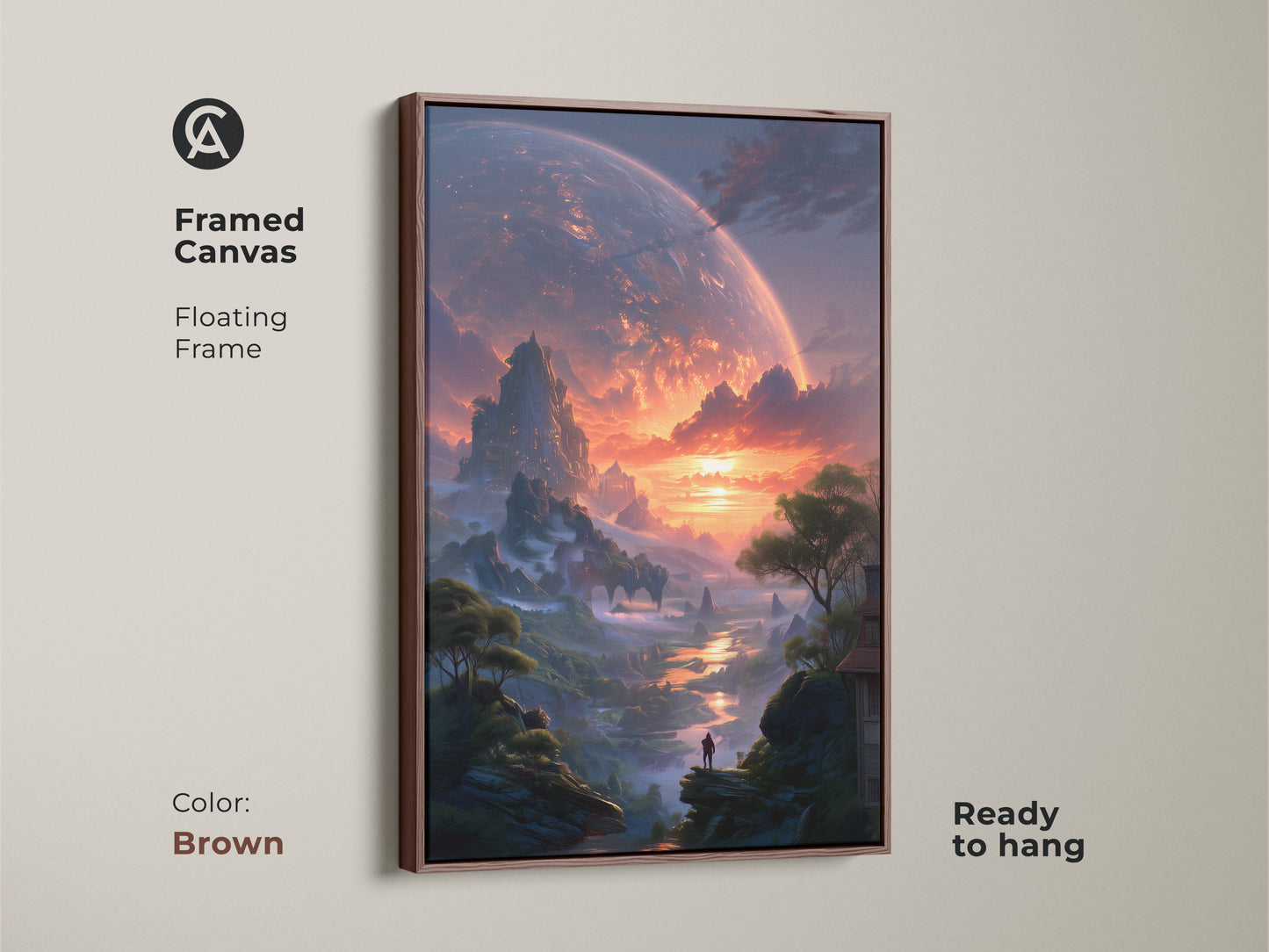 Framed canvas in a floating brown frame showing sci-fi art. Discover an alien planet landscape perfect for wall decor. This epic fantasy print comes ready to hang. Contemporary artwork featuring deep blue and fiery orange tones. Elevate your living space with this unique print.