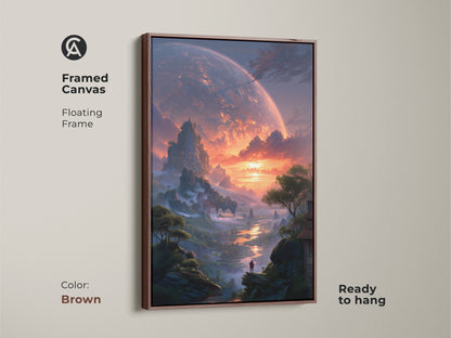 Framed canvas in a floating brown frame showing sci-fi art. Discover an alien planet landscape perfect for wall decor. This epic fantasy print comes ready to hang. Contemporary artwork featuring deep blue and fiery orange tones. Elevate your living space with this unique print.