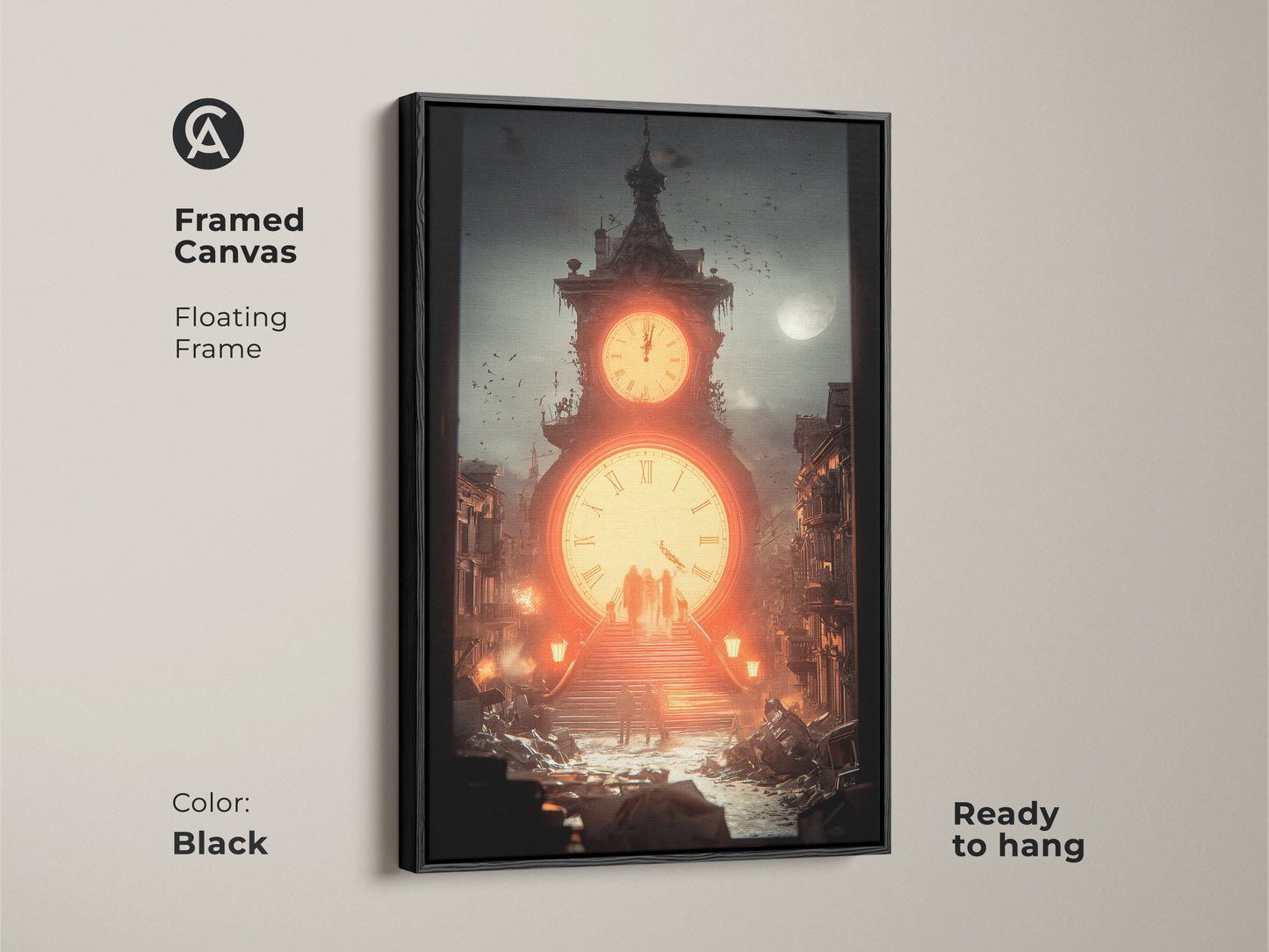 Framed in black this surreal clock tower canvas art adds a touch of steampunk style to any room. The floating frame enhances the industrial office wall art. Ready to hang for easy display.