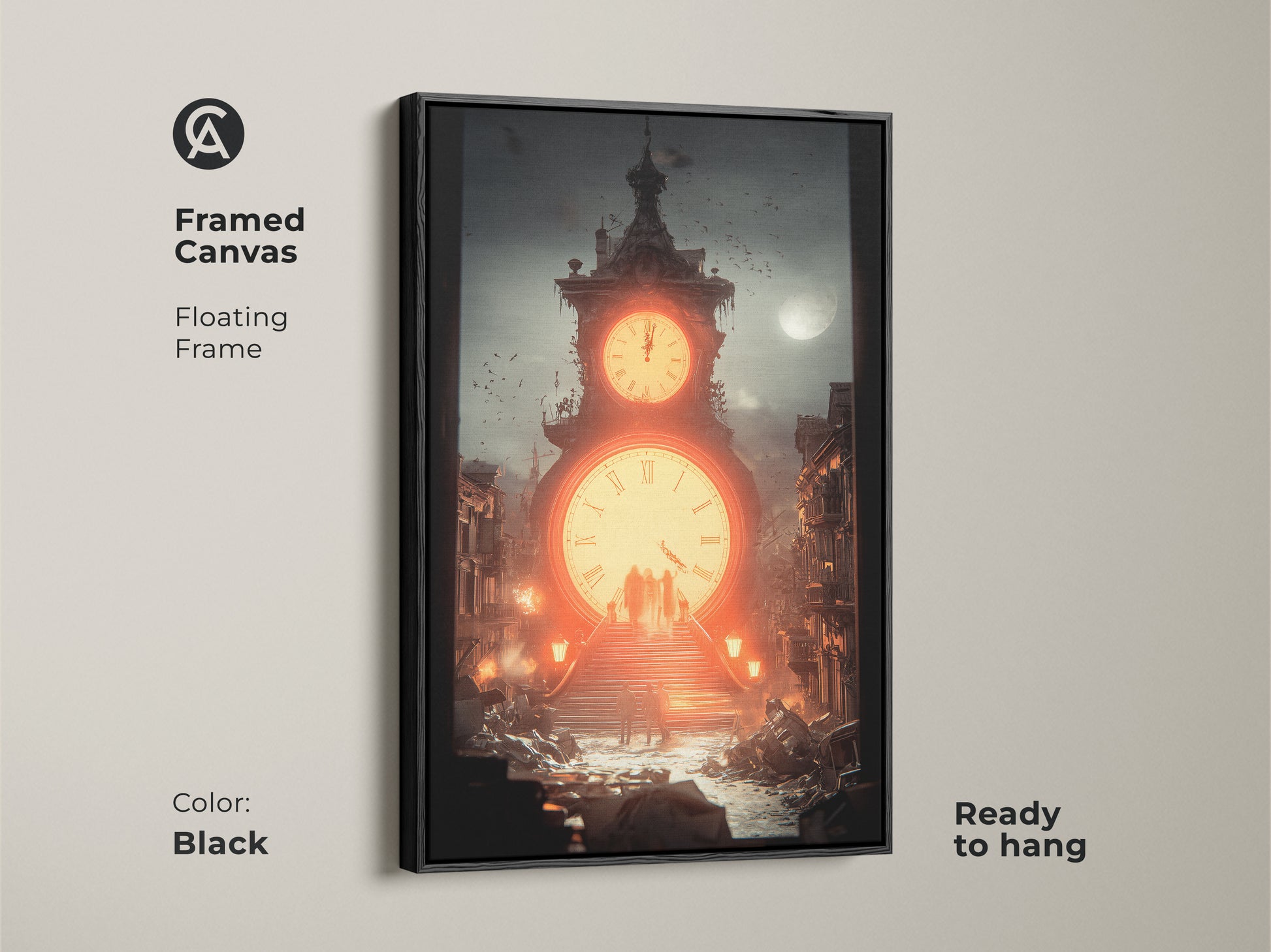 Framed in black this surreal clock tower canvas art adds a touch of steampunk style to any room. The floating frame enhances the industrial office wall art. Ready to hang for easy display.