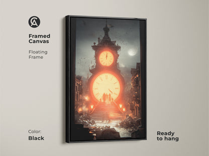 Framed in black this surreal clock tower canvas art adds a touch of steampunk style to any room. The floating frame enhances the industrial office wall art. Ready to hang for easy display.