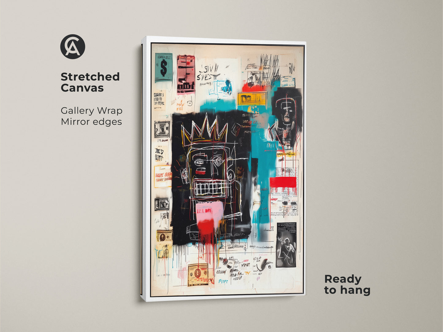 Stretched canvas print of Basquiat style artwork. Gallery wrapped with mirrored edges. The art is ready to hang. This high-quality canvas showcases vibrant colors and intricate details. Transform your living space with this expressive wall art.