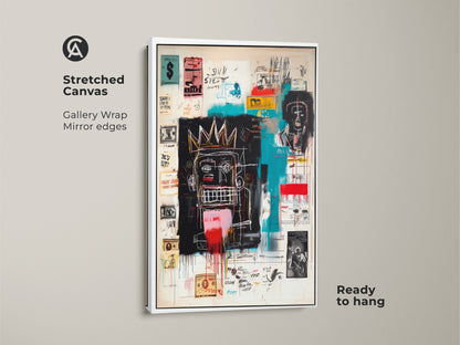 Stretched canvas print of Basquiat style artwork. Gallery wrapped with mirrored edges. The art is ready to hang. This high-quality canvas showcases vibrant colors and intricate details. Transform your living space with this expressive wall art.