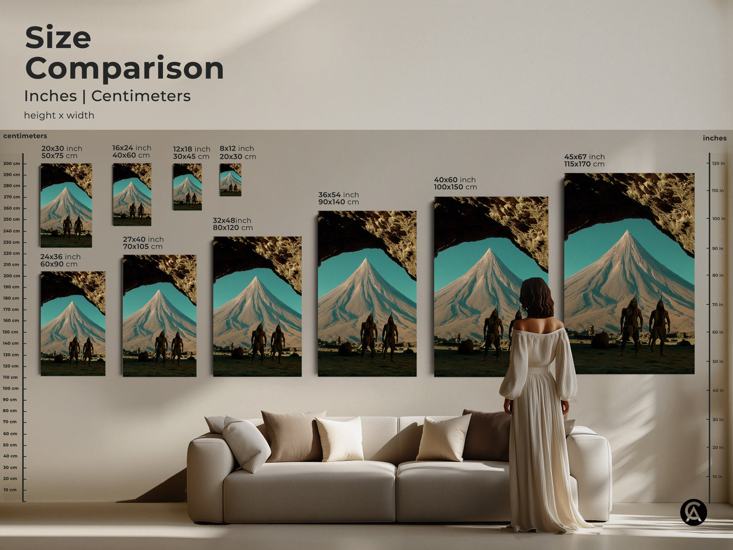 Size comparison showcasing the tribal warriors art print in a surreal fantasy landscape. See how the earth tones artwork fits above a sofa. Various sizes available in inches and centimeters. Perfect for eclectic home decor and gift ideas.