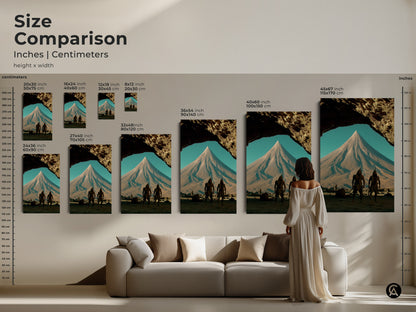 Size comparison showcasing the tribal warriors art print in a surreal fantasy landscape. See how the earth tones artwork fits above a sofa. Various sizes available in inches and centimeters. Perfect for eclectic home decor and gift ideas.
