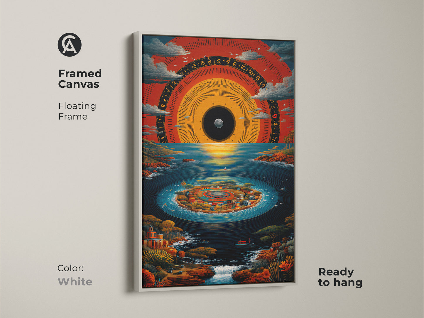 White Framed Canvas of surreal island wall art. The artwork features an abstract time dial canvas. It also showcases a crimson and deep blue print. Ready to hang for eclectic home decor. This item makes a unique travel enthusiast gift idea.