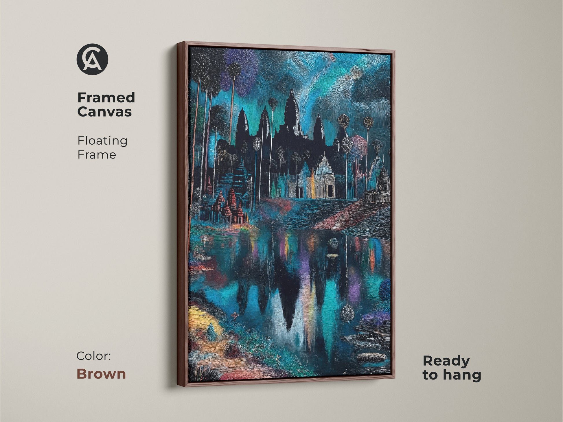 Angkor Wat framed canvas with a floating frame in brown. The teal landscape art is ready to hang. Perfect as bedroom wall decor gift. Features deep blue temple art. Enhance your home with this unique travel souvenir artwork. A cultural heritage print.