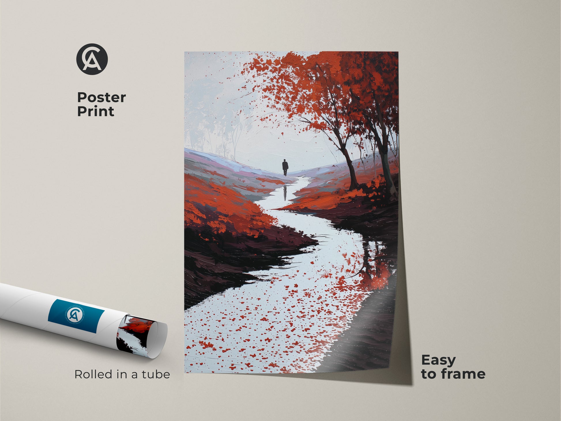 Poster print of a scenic pathway artwork. The image shows a red orange river. This impressionistic landscape art is easy to frame. It is ideal as a traveler gift or contemporary home decor.