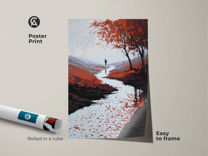Poster print of a scenic pathway artwork. The image shows a red orange river. This impressionistic landscape art is easy to frame. It is ideal as a traveler gift or contemporary home decor.